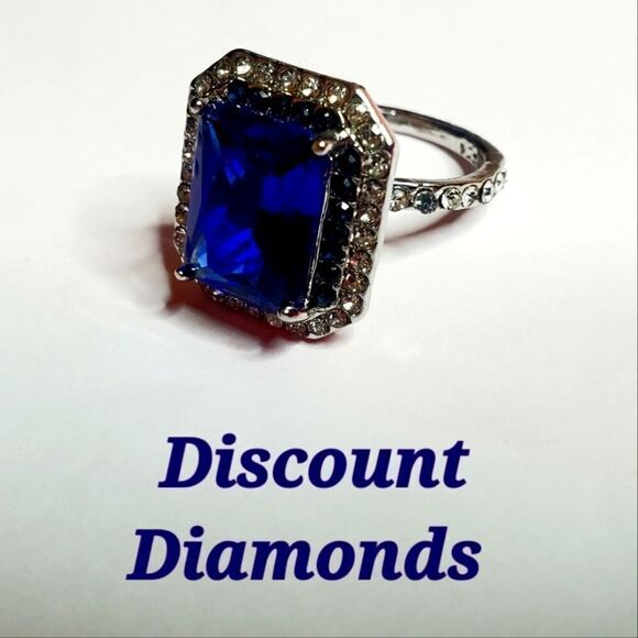 Princess Cut Blue Sapphire & White Baguette Diamond Ring on 925 Sterling Silver - Picture 2 of 7